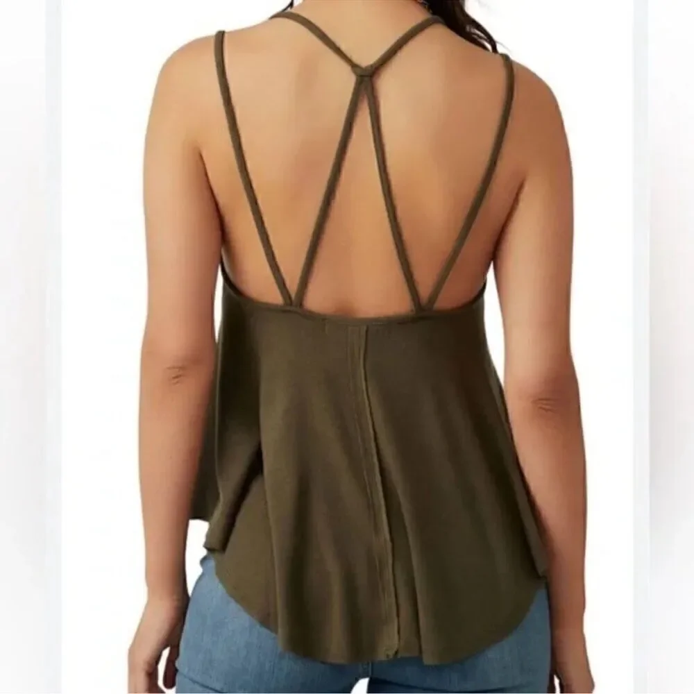 NWOT Free People Rock your world Tank Olive Green Flowy Strappy XS Viscose Relax